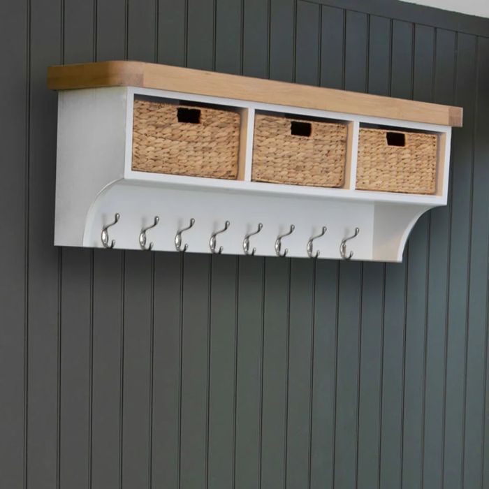 Chunky Oak Large Hall Bench Top with Coat Hooks - White