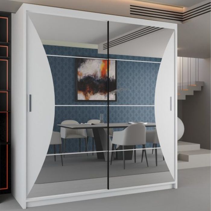 Sliding Wardrobe - CALEDONIA 2 Door Mirrored Wardrobe White - 203cm