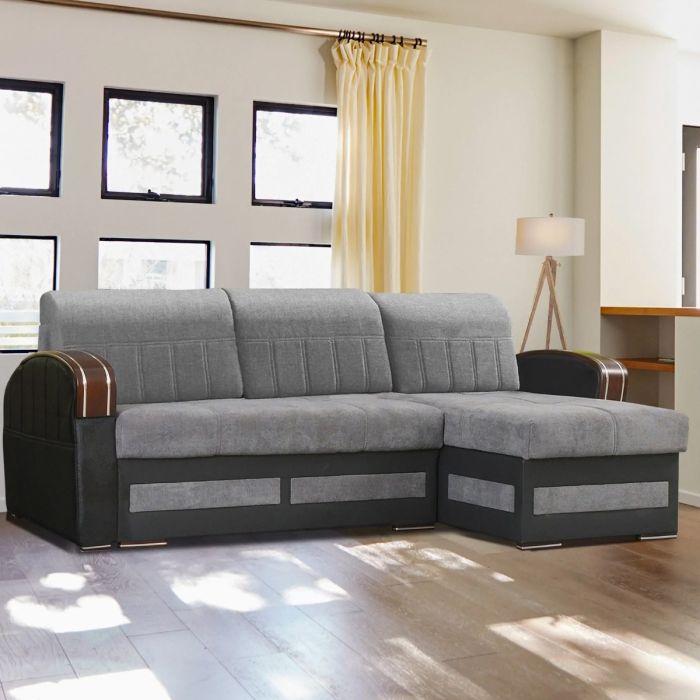 Corner Sofabed - CALVIN Fabric 3 Seater L Shaped Right Hand - Grey