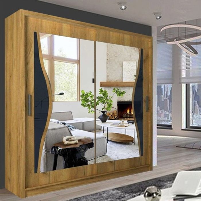 Sliding Wardrobe - HEFFNER 2 Door Mirrored 203cm Wardrobe - Walnut