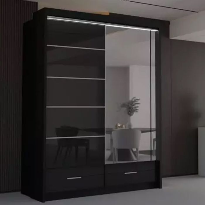 Sliding Wardrobe - CHESHAM 2 Door Mirrored Wardrobe Black 150cm