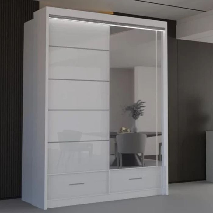 Sliding Wardrobe - CHESHAM 2 Door Mirrored Wardrobe White 150cm