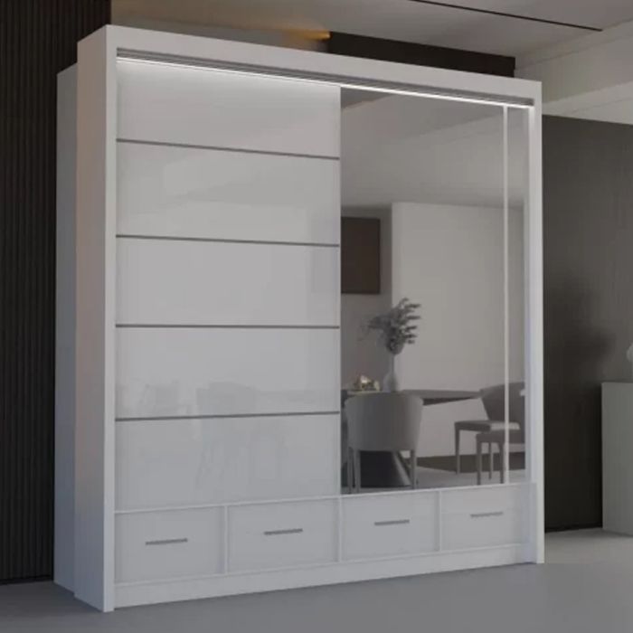 Sliding Wardrobe - CHESHAM 2 Door Mirrored Wardrobe White 208cm