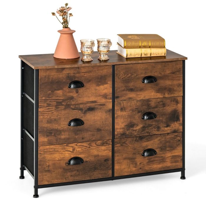 Industrial Style 6 Drawers Dresser Organizer 2 Tier Fabric Storage Chest of Drawers - Rustic Brown