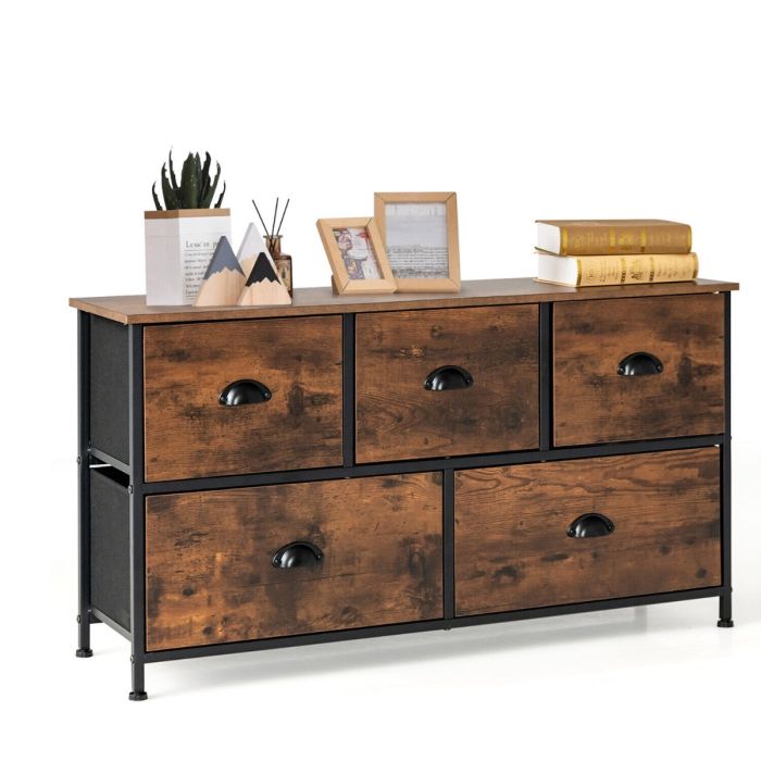 Industrial Style 5 Drawers Dresser Organizer 2 Tier Fabric Storage Chest of Drawers - Rustic Brown