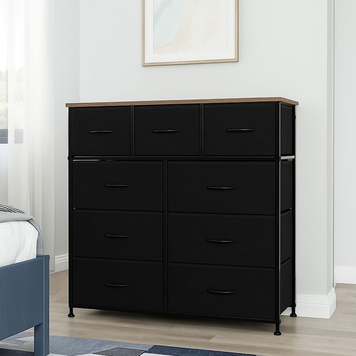 SWANTON Black Fabric Chest of Drawers - Medium-sized, 9 Drawers