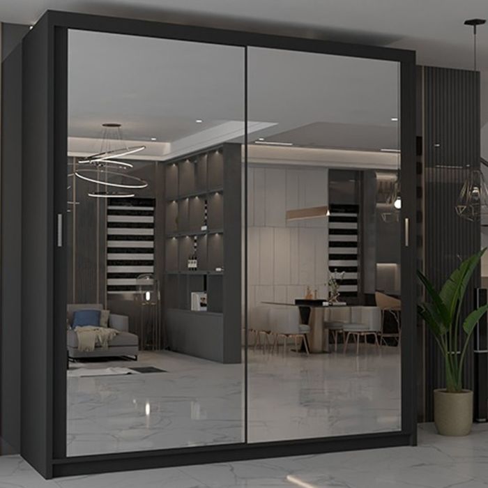 Sliding Wardrobe - CHICAGO II 2 Door Mirrored Wardrobe Black - 120cm