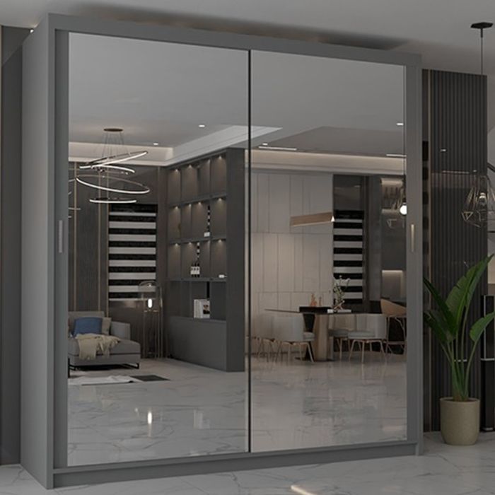 Sliding Wardrobe - CHICAGO II 2 Door Mirrored Wardrobe Grey - 180cm