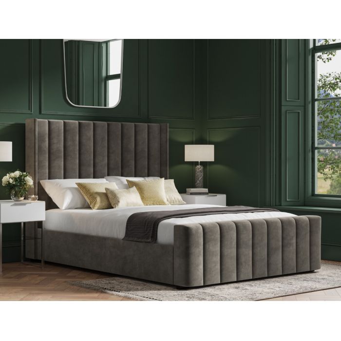 Stylish Wings Design Headboard Kilworth Mid Grey Velvet Ottoman Bed - Kingsize