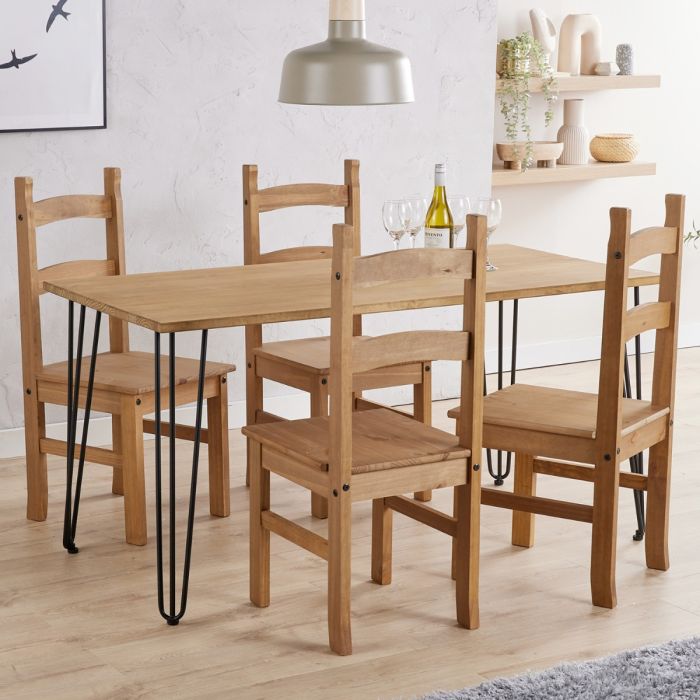 Solid Pine Rectangular Large Dining Table Set With Dining Chairs