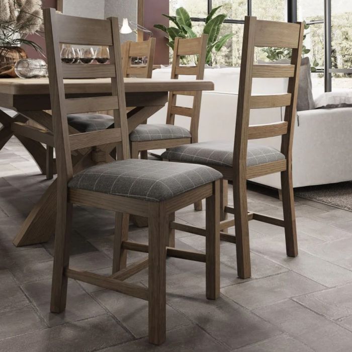 Norfolk Slatted Dining Chair Grey Check Fabric Seat - Smoked Oak