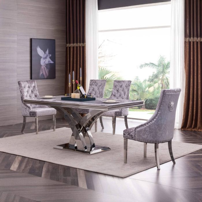 Catherine Set of 2 Velvet Dining Chairs with Stainless Steel Legs - Grey