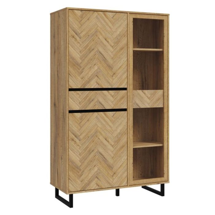 Cherwell 2 Door Display Cabinet with 2 Drawers and 1 Glass Door -  Oak with Matt Black