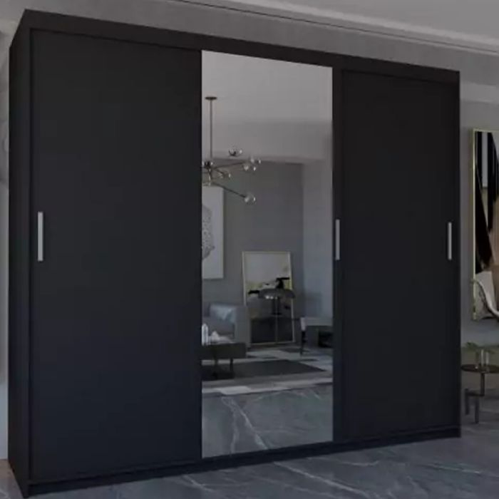 Sliding Wardrobe - DYNASTY 3 Door Mirrored Wardrobe Black 250cm