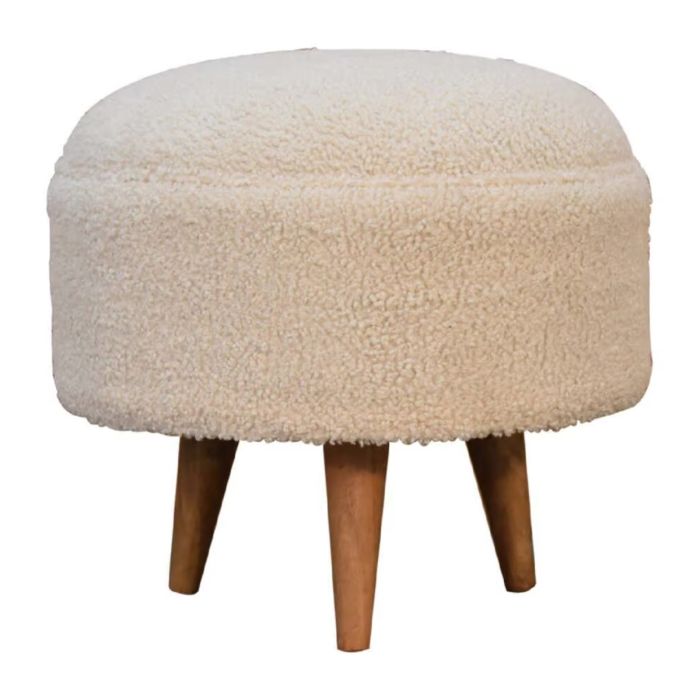 Nordic Style Round Footstool with Curled Cotton Fabric and Solid Wood Legs