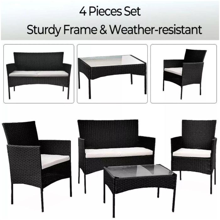Garden Furniture 4 Piece Black Rattan Set with Table Chairs Sofa Wicker - Black