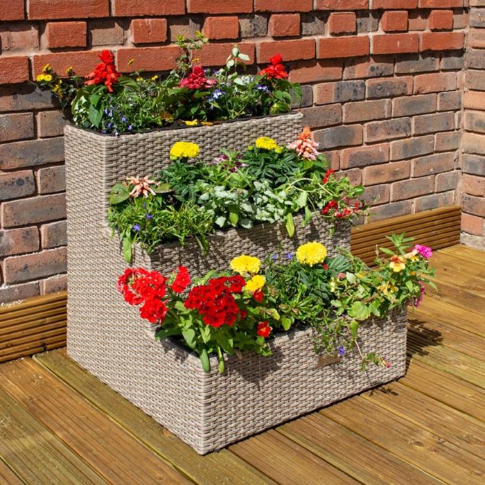 Three Tier Poly Rattan Planter with Removable Liners - Natural Weave