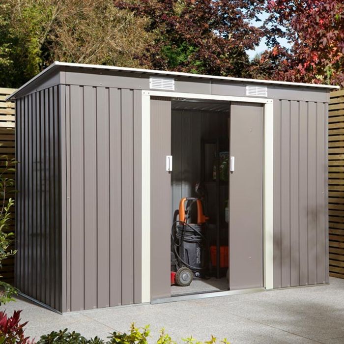 Tyson Double Sliding Door 8x4 Metal Pent Style Roof Shed - Light Grey