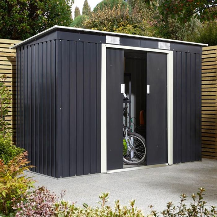 Tyson Double Sliding Door 8x4 Metal Pent Style Roof Shed - Dark Grey