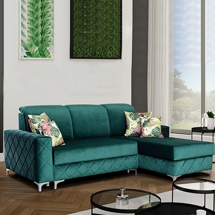 Hamilton Diamond Design Velvet Fabric Small Sofabed with Ottoman Storage - Green