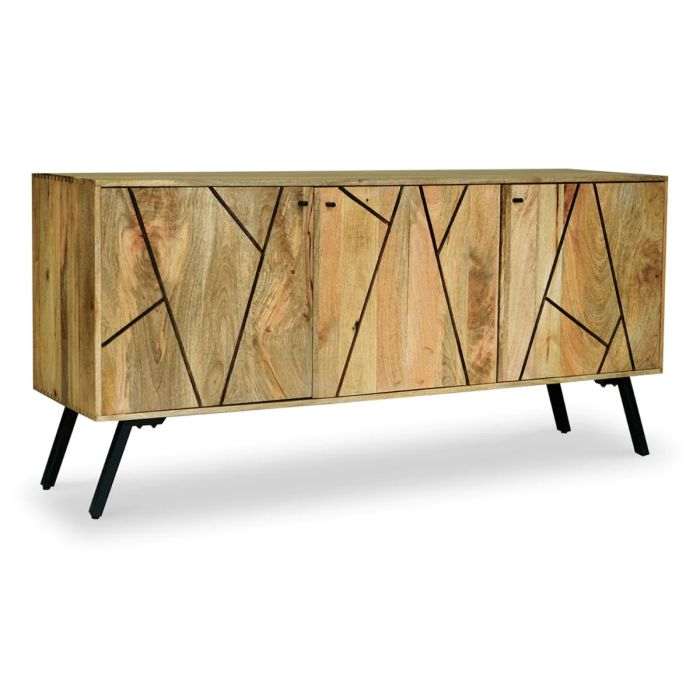 Havant Iron Base Retro Style 3 Door Sideboard - Light Wood Tone