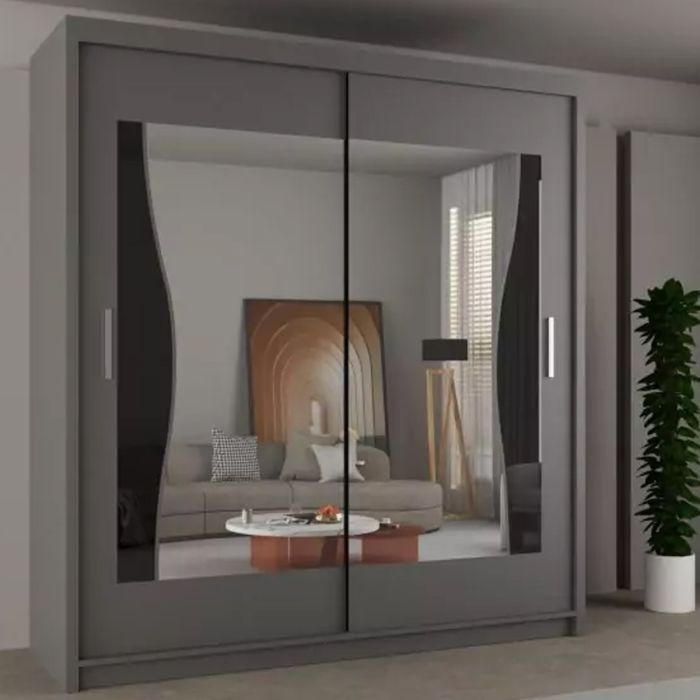 Sliding Wardrobe - HEFFNER 2 Door Mirrored 180cm Wardrobe - Grey