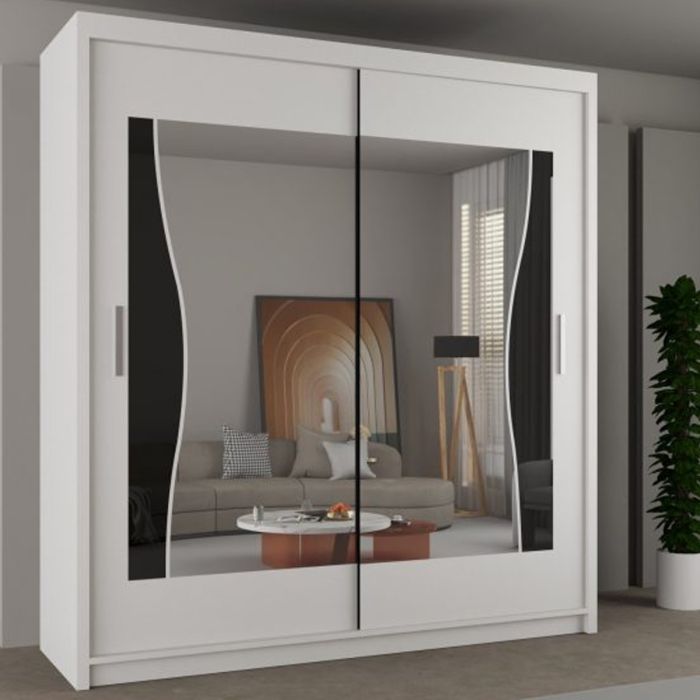 Sliding Wardrobe - HEFFNER 2 Door Mirrored 180cm Wardrobe - White