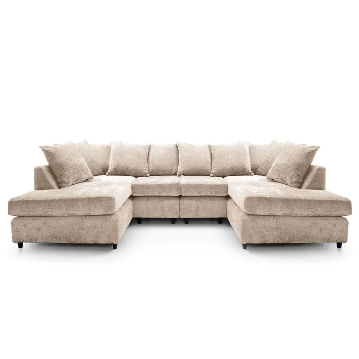 Corner Sofa - HENRY Crushed Chenille Fabric 6 Seater U Shaped Sofa - Cream