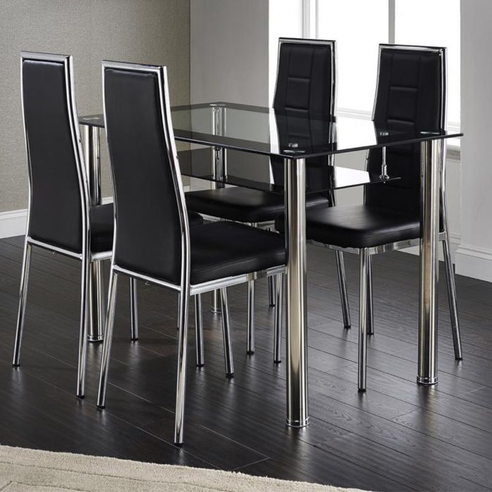 Maldon Chrome Dining Table with 4-Piece PU Chairs Set in Black