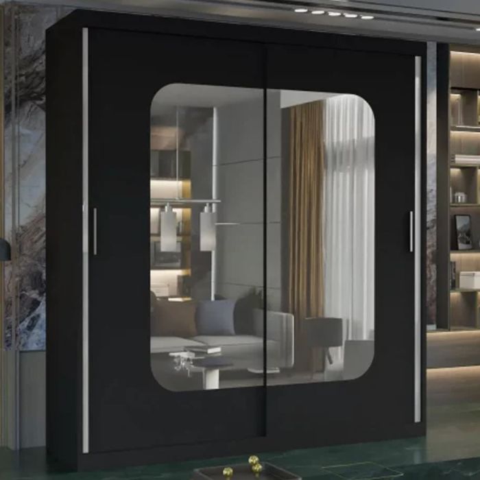 Sliding Wardrobe - MERICA 2 Door Mirrored Wardrobe Black - 180cm