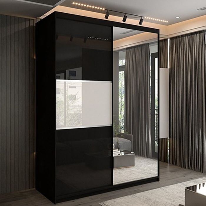 Sliding Wardrobe - MONCLER 2 Door Mirrored Wardrobe Black - 150cm