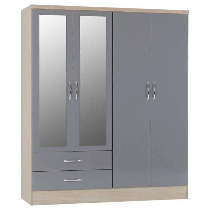 NEWBIGGIN 4 Door Mirrored Wardrobe with 2 Drawers Grey Gloss with Light Oak - 154cm
