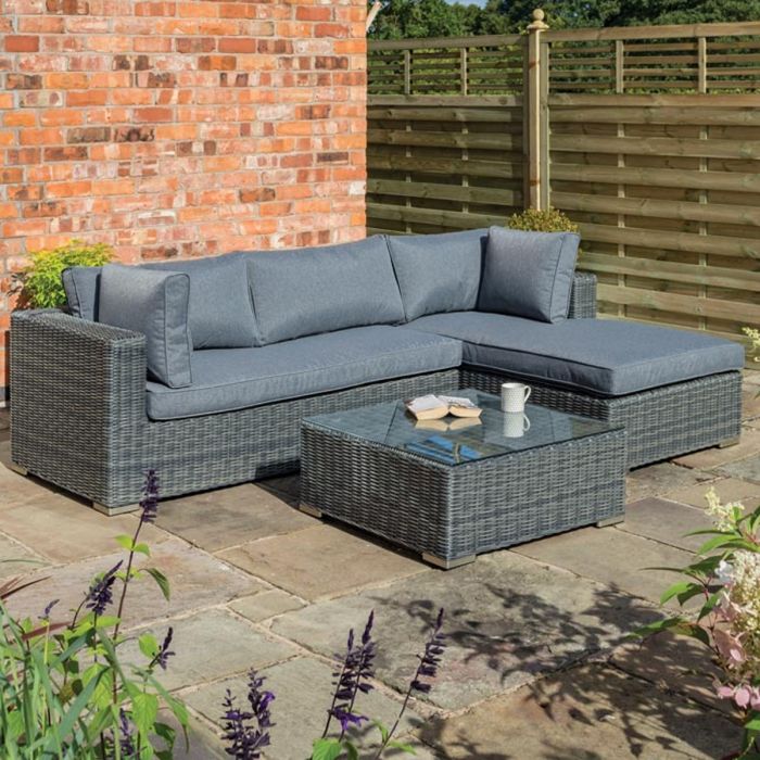 Vienna Weatherproof Rattan Weave Two Piece Lounger Set with Cushions and Glass Top Table - Grey