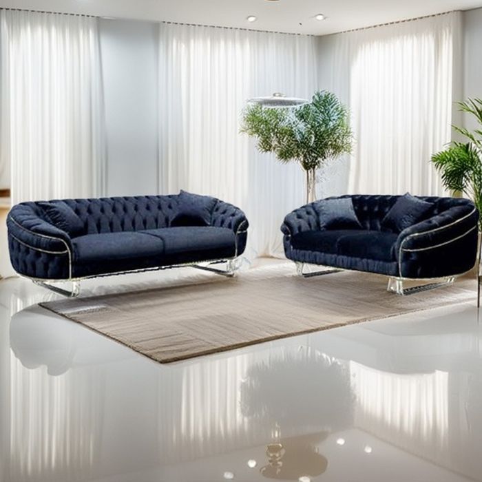 Sofa Set - OXLEY Chesterfield Velvet Fabric 3 Seater and 2 Seater - Black