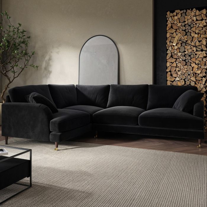PAYTON Velvet 4 Seater L Shaped Dual Arm Corner Sofa - Black, Left Hand Facing
