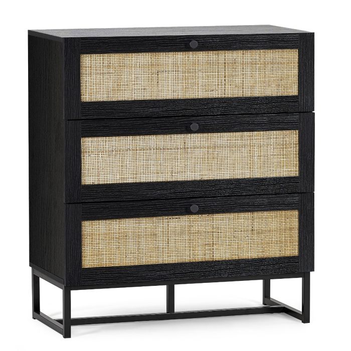 PETERLEE Black Rattan Chest of Drawers - Medium-sized, 3 Drawers
