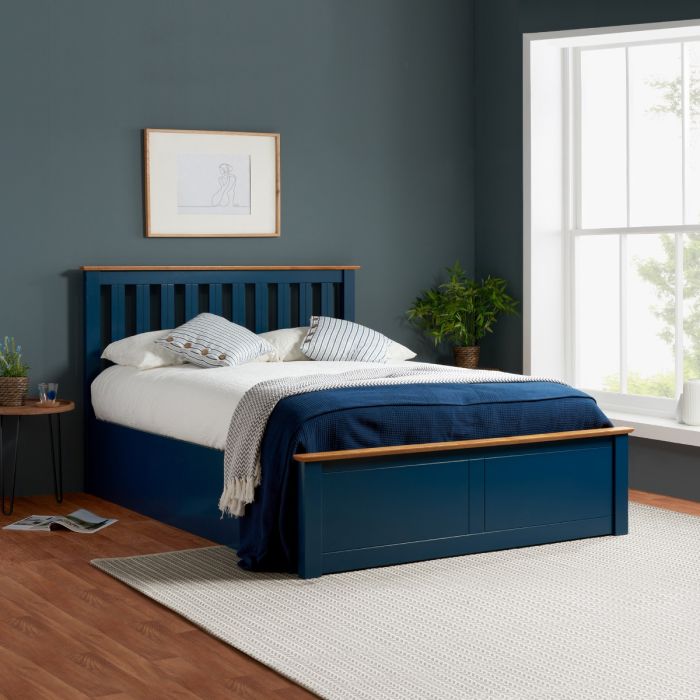 Phoenix Wooden Ottoman Storage Navy Blue Bed - Standard Double 4ft6