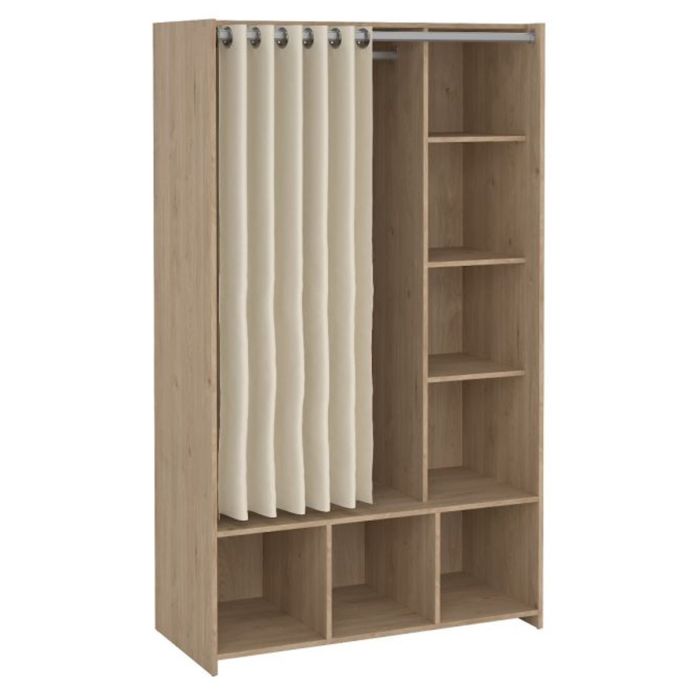 Osken Open Wardrobe Unit in Jackson Hickory Oak with Beige Textile Curtain
