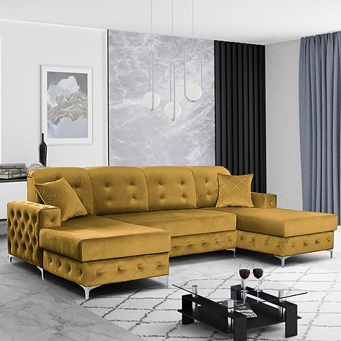 Corner Sofabed - STANLEY Velvet Fabric 4 Seater U Shaped Sofa - Mustard