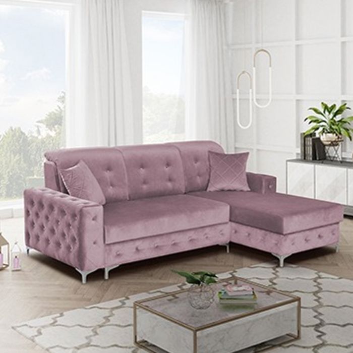 Corner Sofabed - STANLEY Velvet Fabric 3 Seater L Shaped Right Hand Facing - Pink