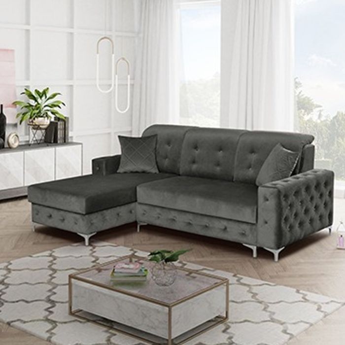 Corner Sofabed - STANLEY Velvet Fabric 3 Seater L Shaped Left Hand Facing - Grey