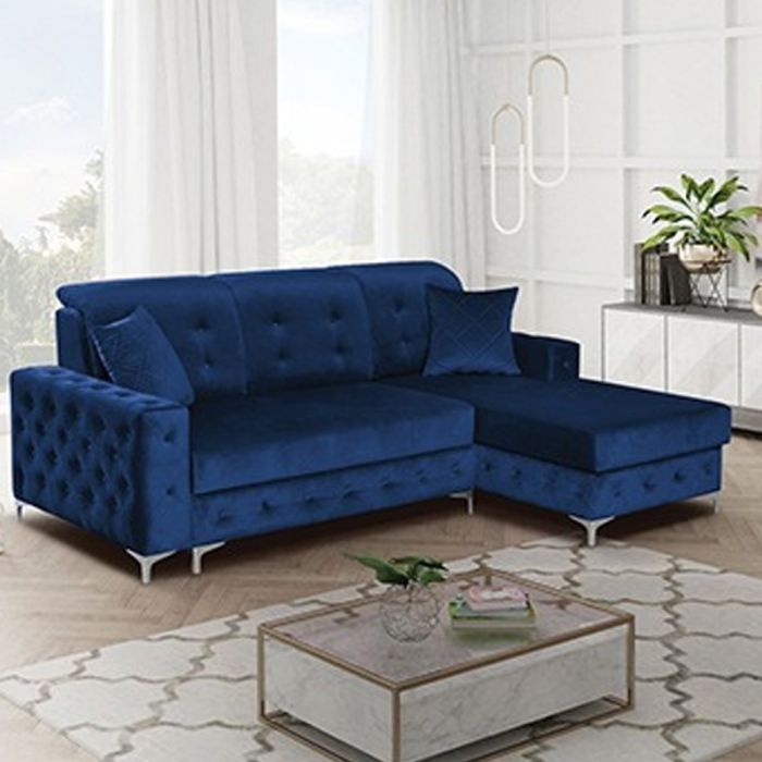 Corner Sofabed - STANLEY Velvet Fabric 3 Seater L Shaped Right Hand Facing Sofa - Blue