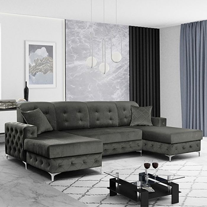 Corner Sofabed - STANLEY Velvet Fabric 4 Seater U Shaped Sofa - Dark Grey
