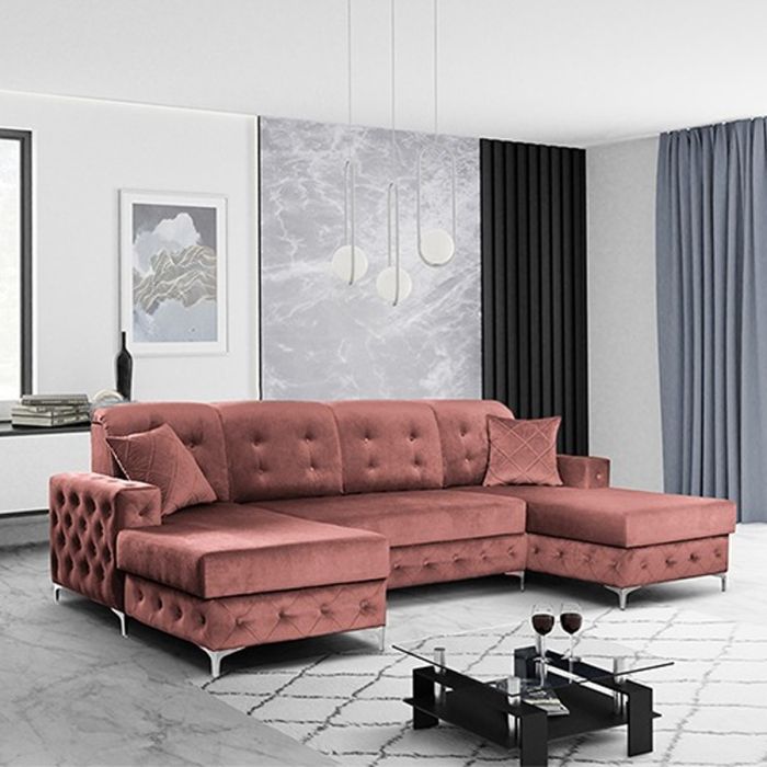 Corner Sofabed - STANLEY Velvet Fabric 4 Seater - U Shaped Sofa - Pink