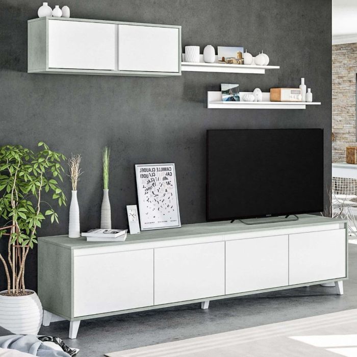 Concrete Grey and White TV Cabinet with Wall-Mounted Cupboards and Shelf