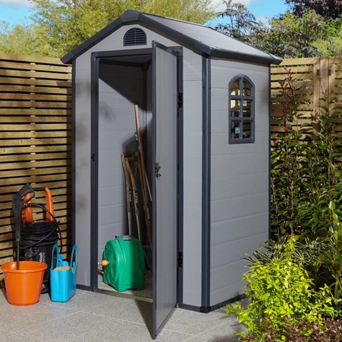 Tyrrell Apex Plastic 4x3 Garden Shed with Lockable Door and Side Window - Light Grey