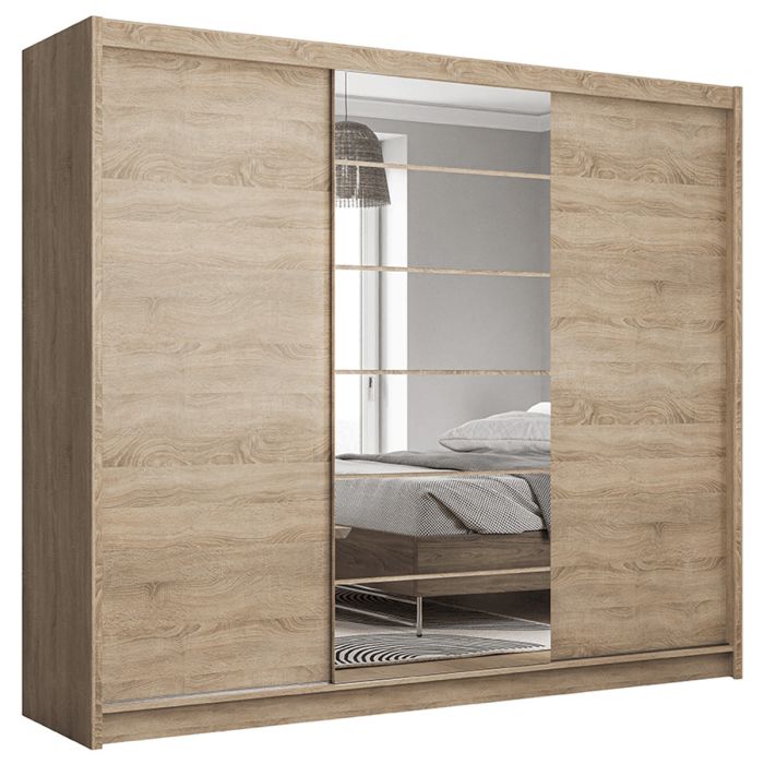 Rotherham Warm Wood Effect Sliding Door Mirror Wardrobe - Oak Sonoma