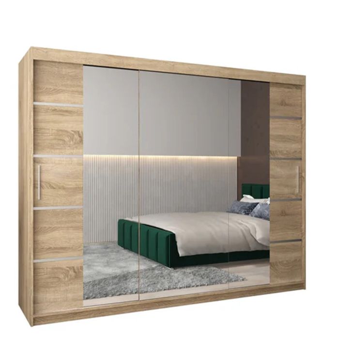 Sliding Wardrobe - VICENZA IV 3 Door Mirrored Wardrobe Oak Sonoma 250cm