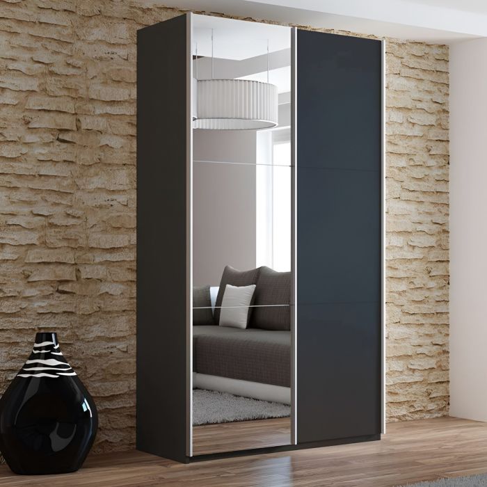 Sliding Wardrobe - BORIS 2 Door Mirrored Wardrobe Black 122cm
