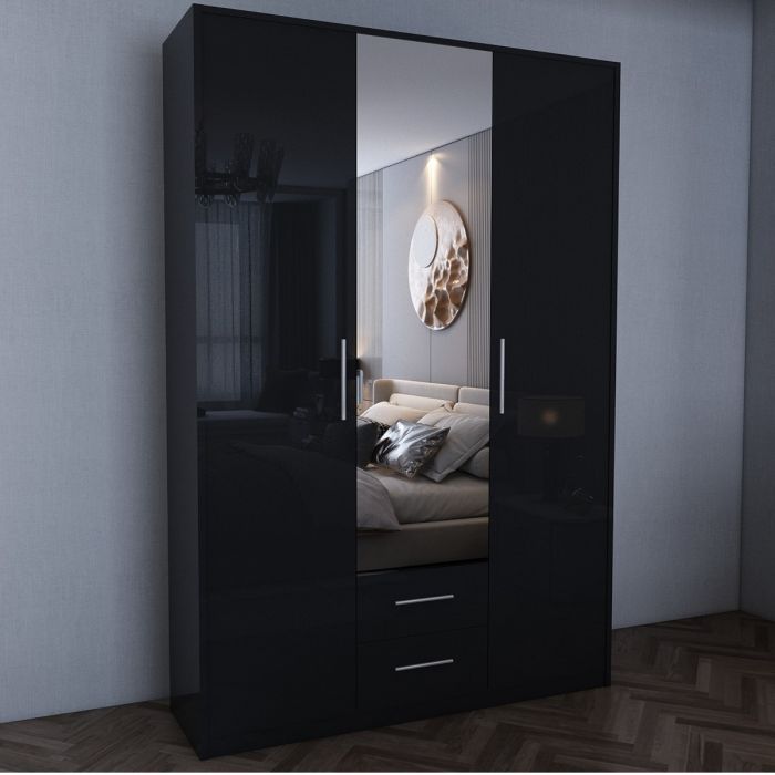 Wardrobe - WINSTEAD 3 Door Mirrored Wardrobe Black 135cm